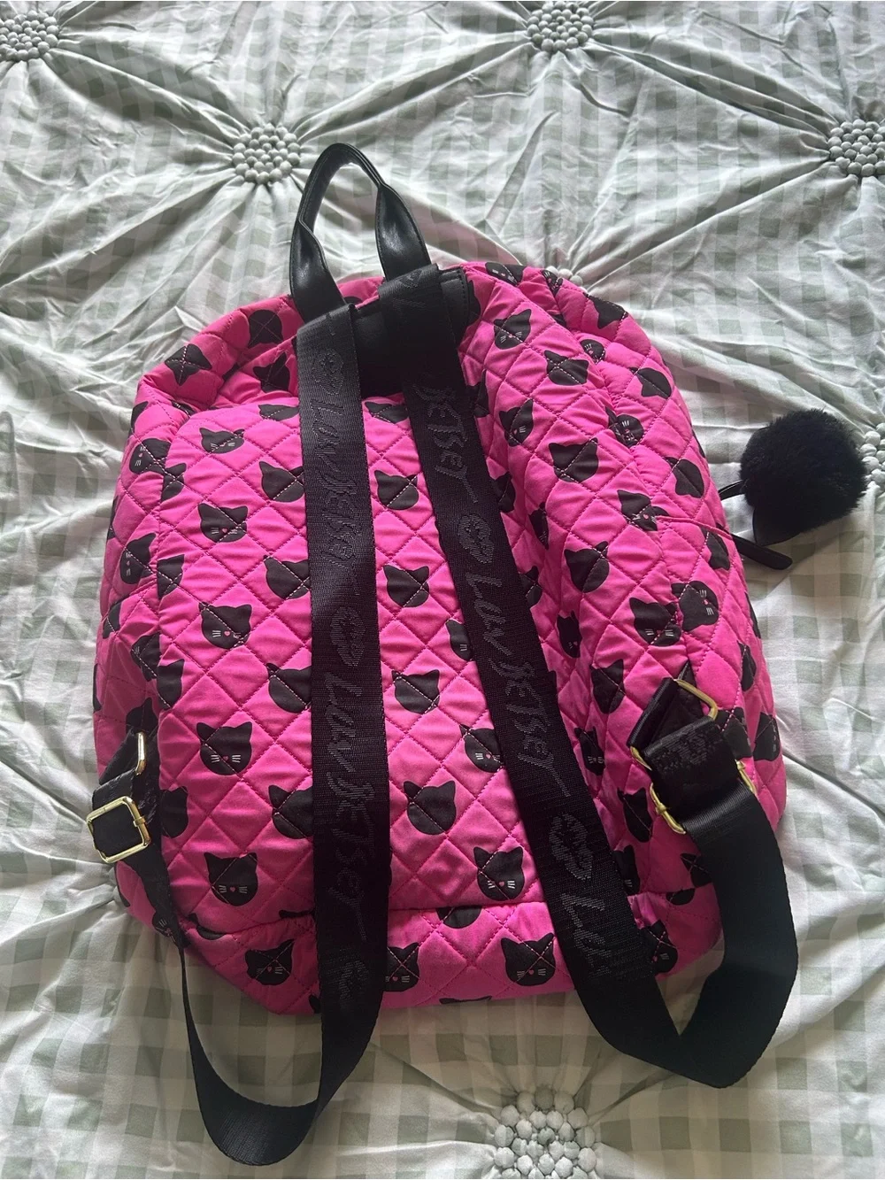 Betsey Johnson Hot Pink Quilted Backpack Bag with Black Cat Print